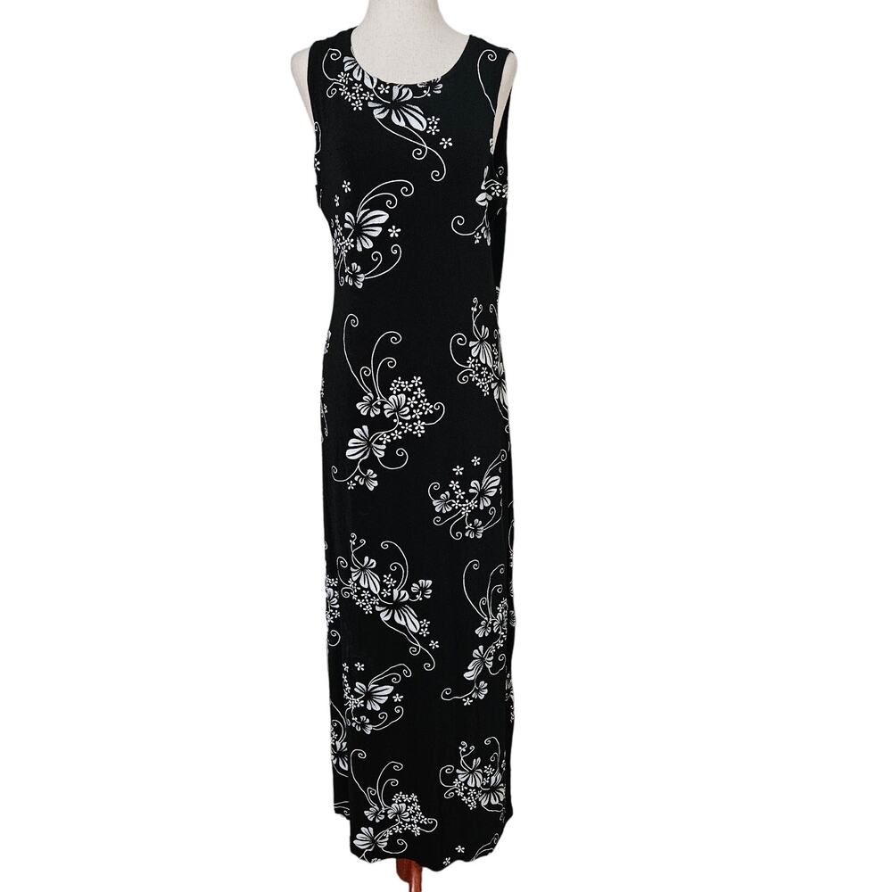 Black Floral Maxi Dress Vintage 90s Stretchy Slinky Sleeveless White NWT Large